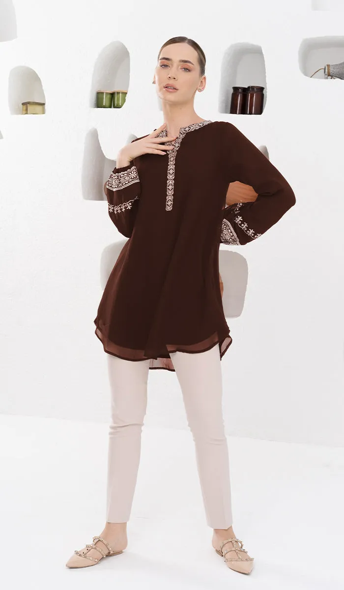 Amalie Embroidered Long Modest Tunic - Cocoa