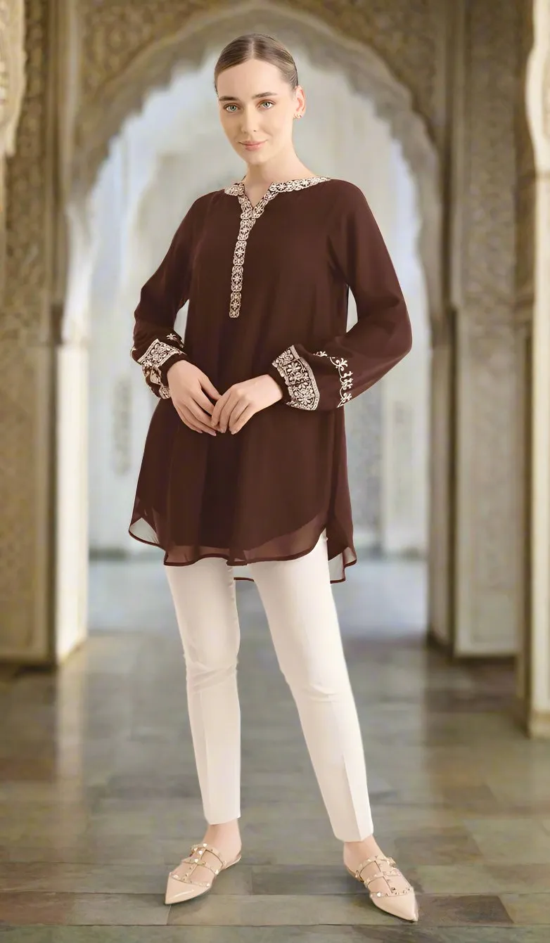 Amalie Embroidered Long Modest Tunic - Cocoa