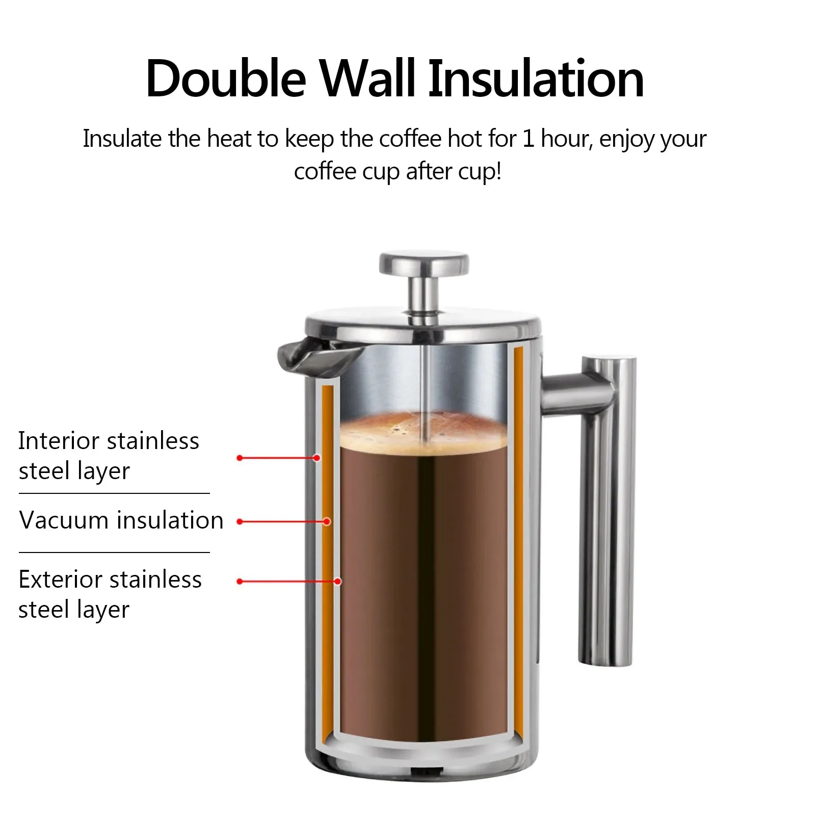 Cafetera francesa con aislamiento de doble pared, 350ml /800ml/ 1000ml.