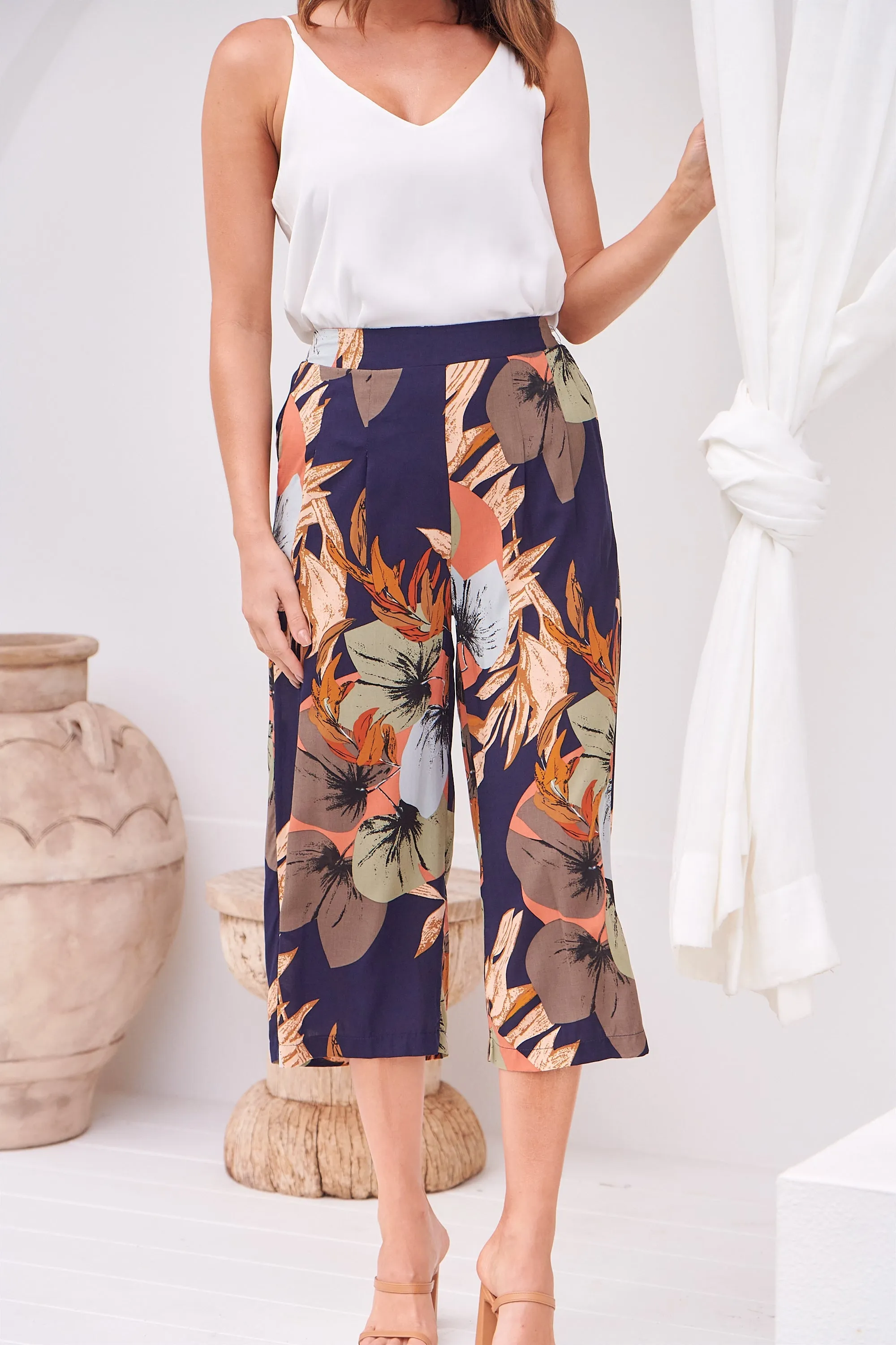 Calypso Navy/Multi Floral Print Culotte Pants