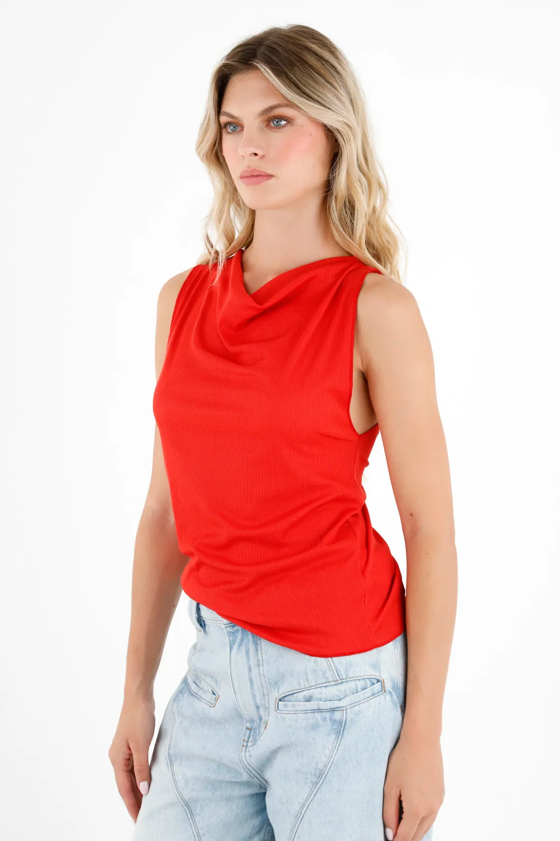 Camiseta roja manga sisa para mujer