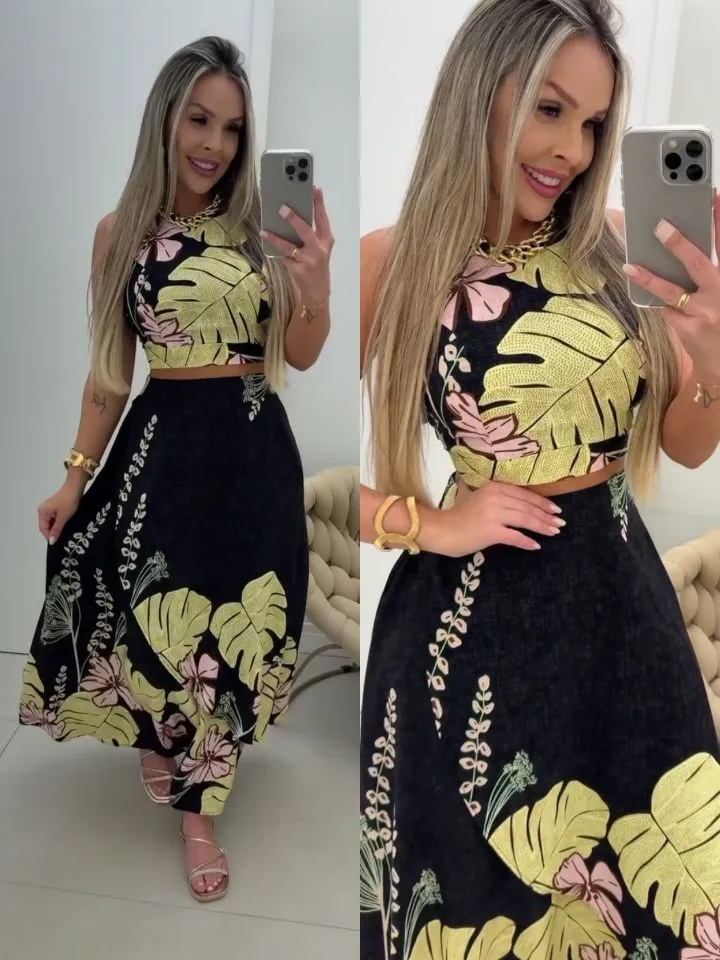 Conjunto Saia Longa e Cropped Floral Bojo