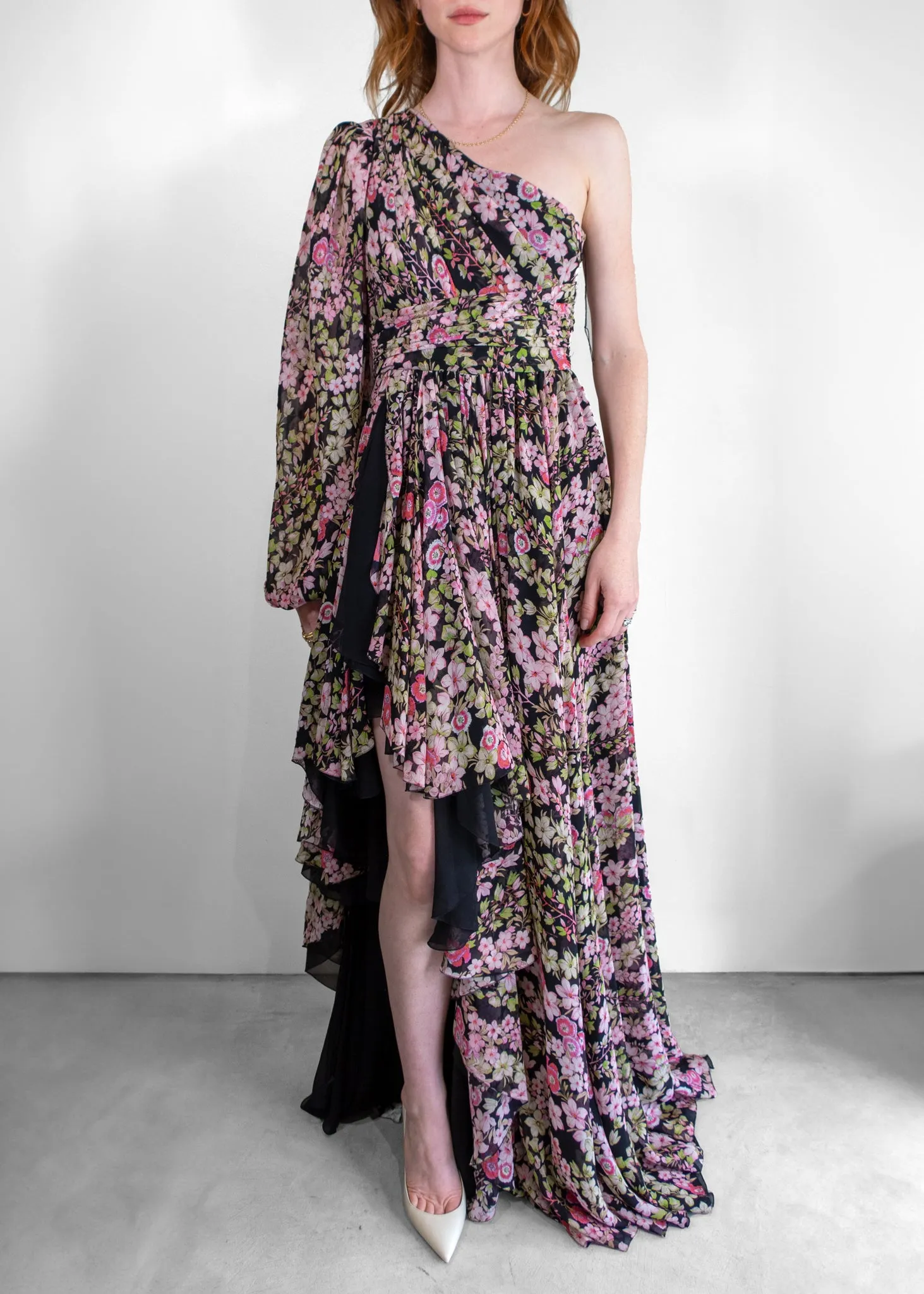 Giambattista Valli Floral Print Chiffon One-shoulder Gown