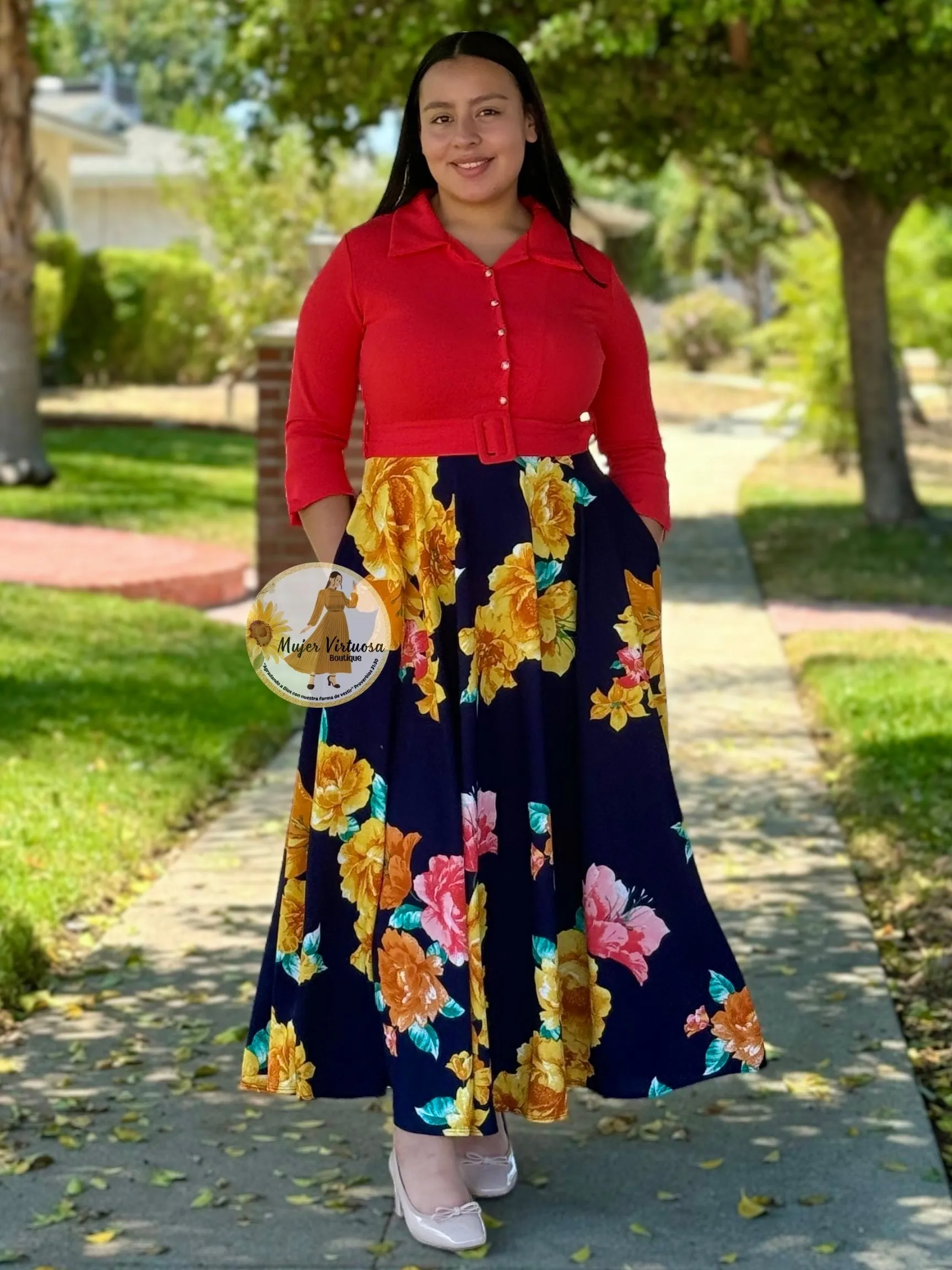 Hadassah Coral Belted Floral Dress