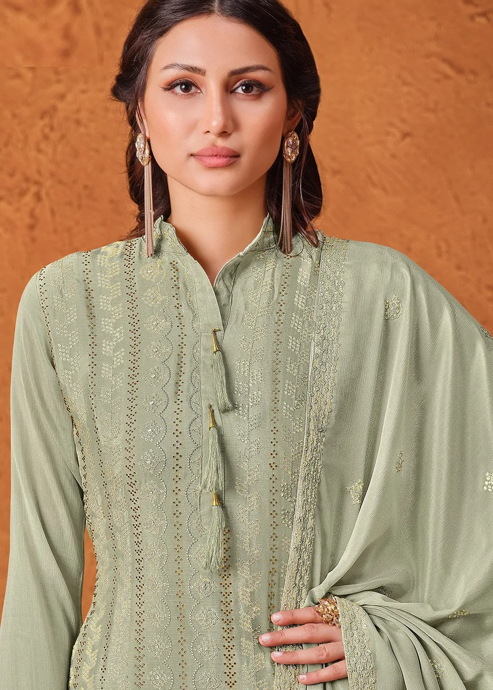 Pastel Green Chiffon Embroidered Sharara Suit