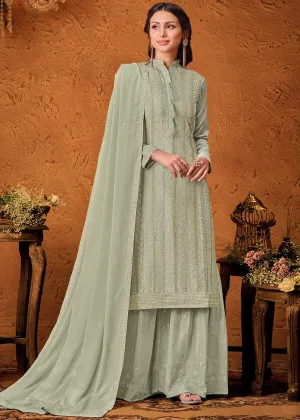 Pastel Green Chiffon Embroidered Sharara Suit