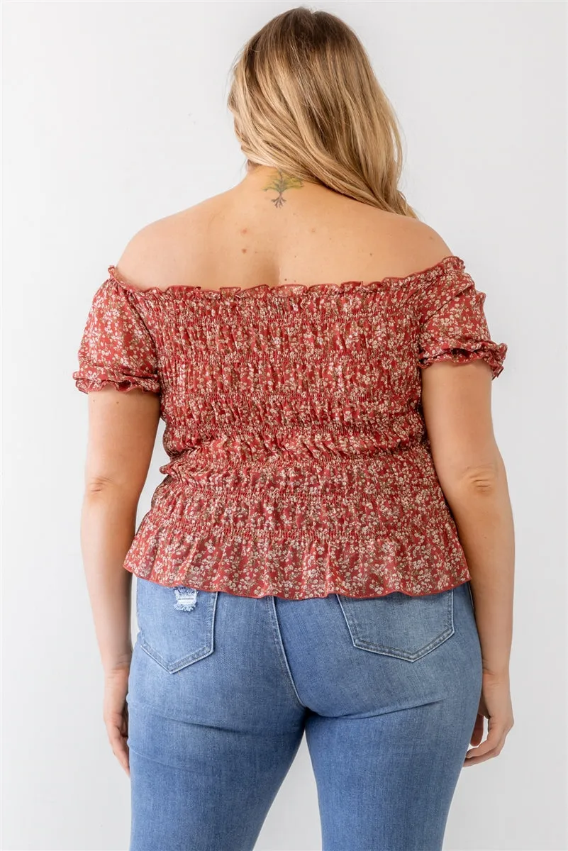 Plus Floral Chiffon Ruched Smocked Off-the-shoulder Top - 4 colors - Ships from The US