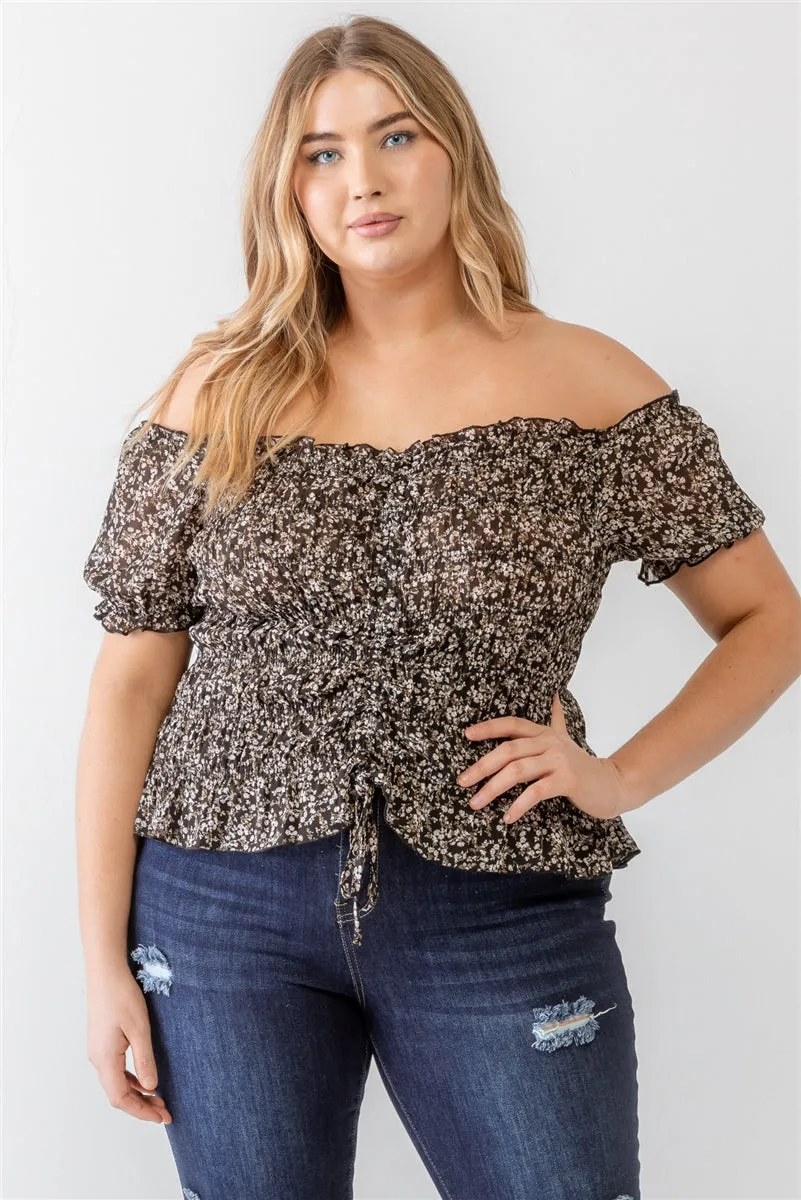 Plus Floral Chiffon Ruched Smocked Off-the-shoulder Top - 4 colors - Ships from The US