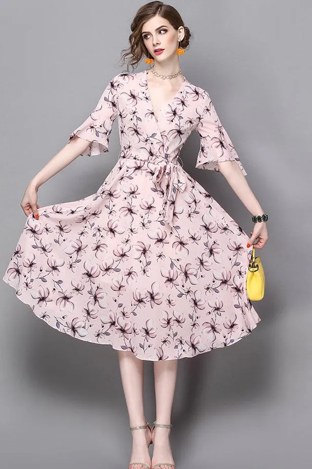 V Neck Floral Chiffon Dress