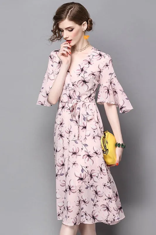 V Neck Floral Chiffon Dress