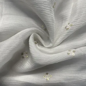 White Sequins Embroidery Chinnon Chiffon Dyeable Fabric 19929